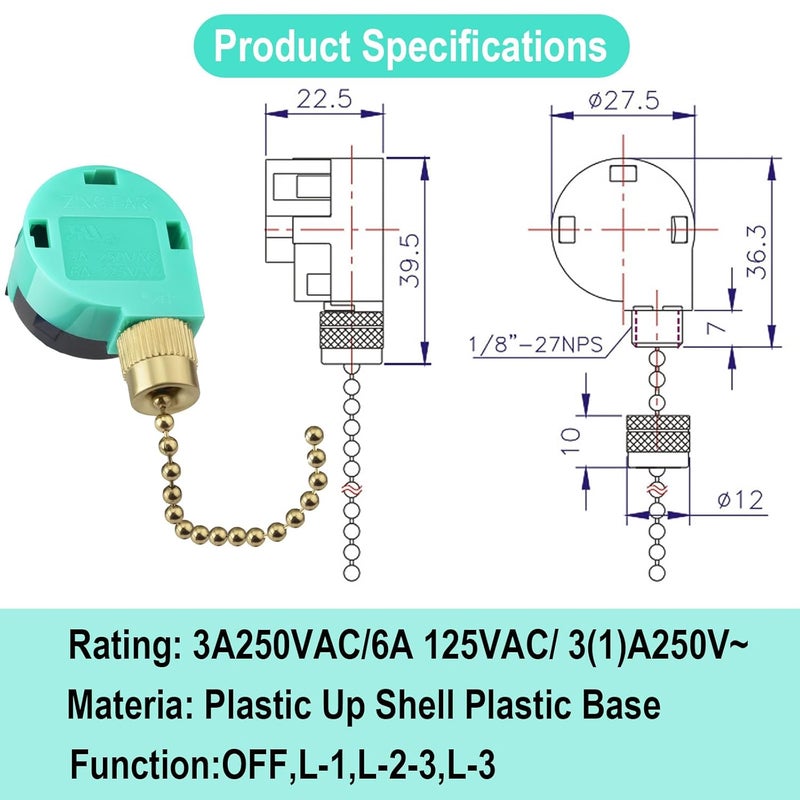 BFXM Ceiling Fan Switch ZE-268S6 3 Speed 4 Wire, Switch Control Replacement for Ceiling Fans, Hampton Bay Fans, Hunter Fans, and Standing Fans, Wall Lamps (Gold) - Image 2